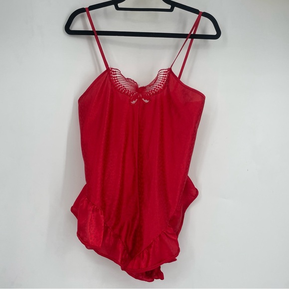 Vintage 90s Stroke Of Midnight Large Red Satin Teddy Babydoll Ruffles Lingerie - Picture 1 of 10